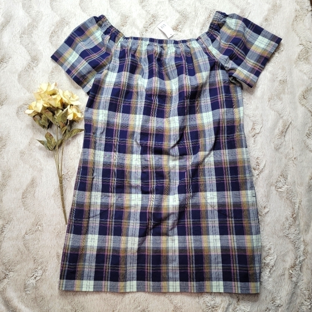 Gap 100% Cotton Blue Plaid Short Sleeve Long Top‎ NWT Size M